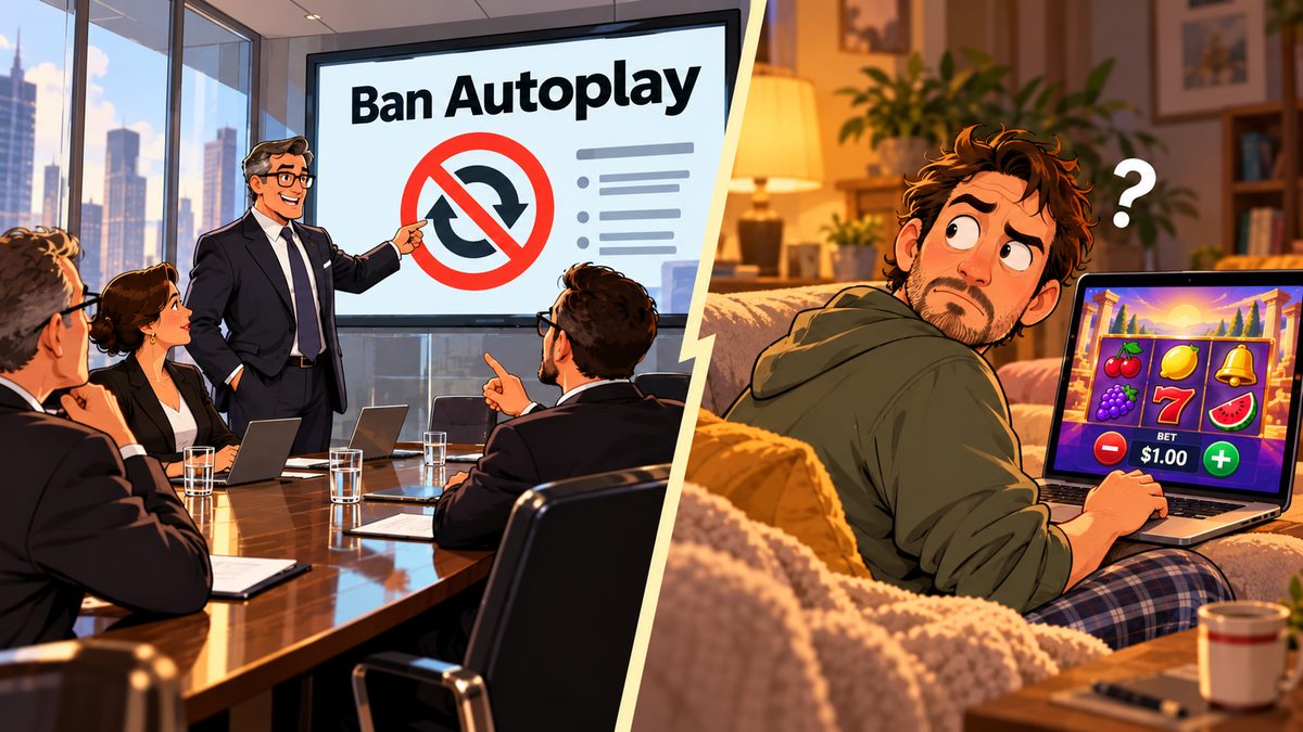 Split illustration: executives in a glass boardroom point at a slide reading Ban Autoplay, while a puzzled player on a sofa at home looks back from an online slot on his laptop