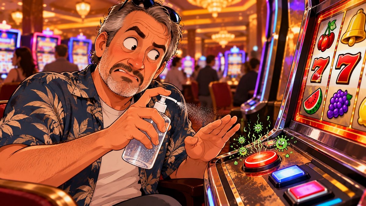 Illustration of a man at a land-based slot machine eyeing a germ-covered spin button with suspicion while using hand sanitiser