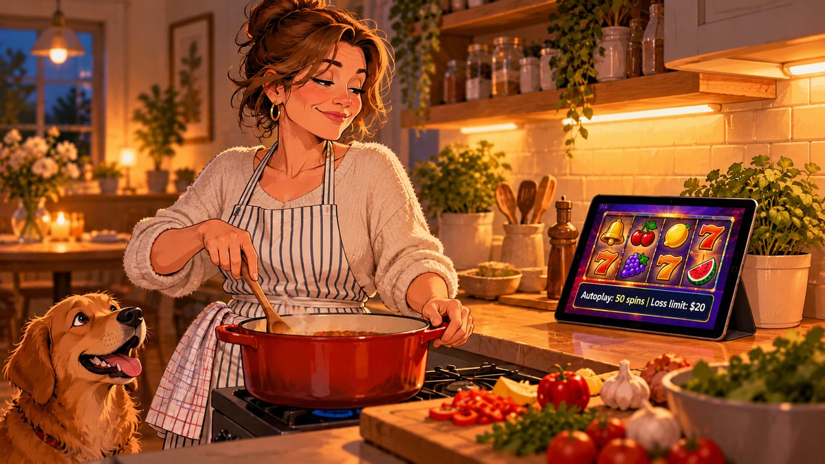 Illustration of a relaxed woman cooking dinner with her dog beside her, while a tablet on the counter runs a slot with a panel reading Autoplay: 50 spins, Loss limit: $20