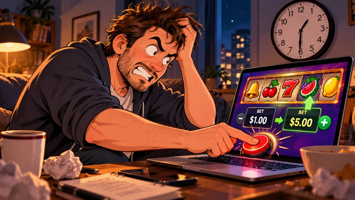 Illustration of a frustrated man late at night jabbing the spin button of an online slot on his laptop, the bet display jumping from $1.00 to $5.00