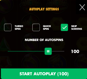 Autoplay settings panel from a live slot with a number-of-autospins slider set to 100, plus turbo spin, quick spin and skip screens options