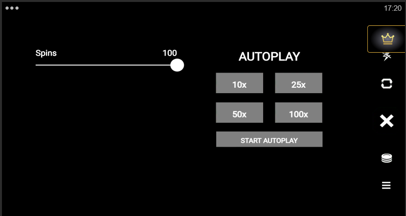 Autoplay panel from a live slot with a spins slider set to 100 and preset buttons for 10, 25, 50 and 100 autoplay spins