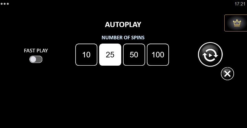 Autoplay panel from a live slot offering 10, 25, 50 or 100 spins and a fast play toggle