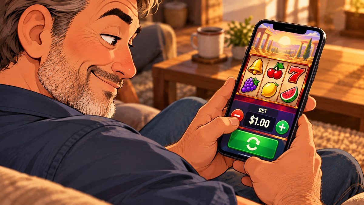 Illustration of a smiling man playing a slot on his phone, thumb on the minus button next to a clearly displayed bet of $1.00