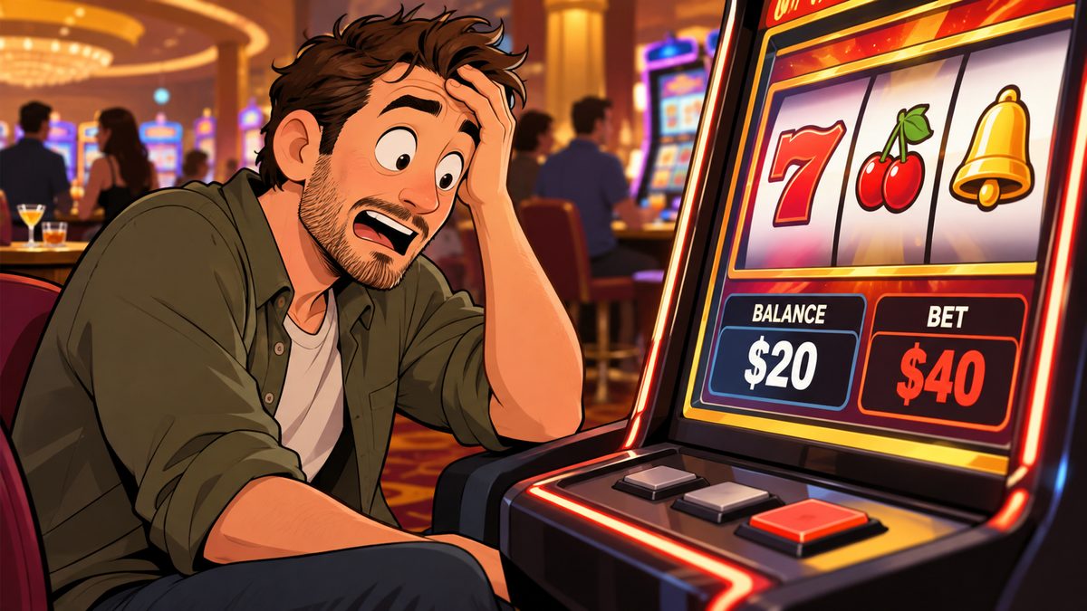 Illustration of a shocked man at a casino slot machine, hand on his head, the screen showing a balance of $20 and a bet of $40