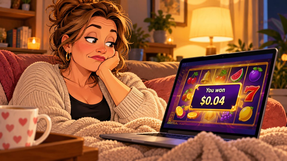 Illustration of a woman on a sofa looking unimpressed at an online slot on her laptop showing a win of $0.04