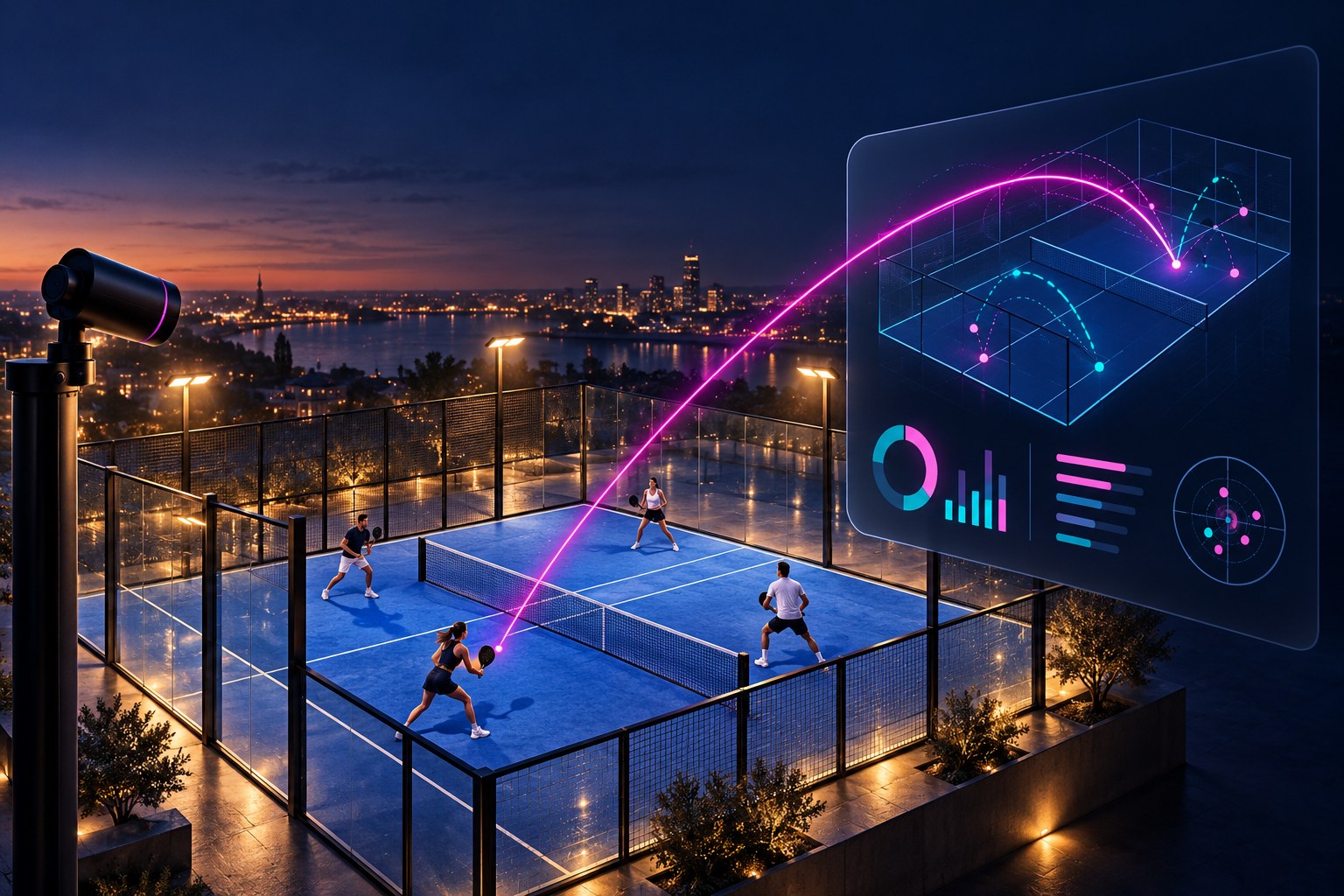 AI concept illustration connecting a padel rally and court camera with abstract match analysis.